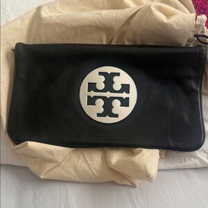 Tory Burch Black Leather Clutch with White Logo
